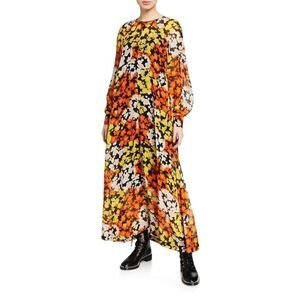 NWT Alexander McQueen HISANO FLORAL-PRINT SILK-CHIFFON MIDI DRESS IN ORANGE